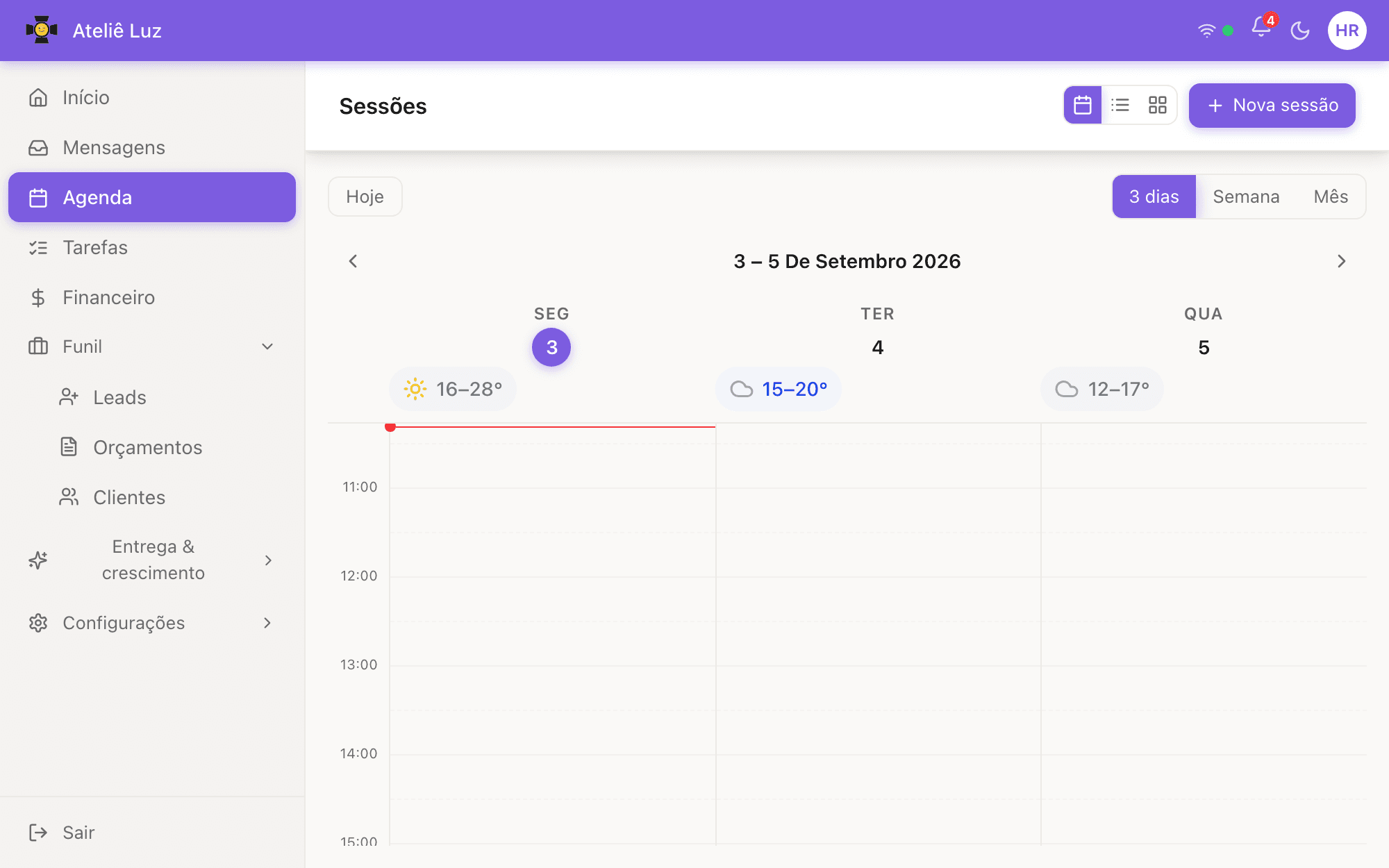 Agenda da Lumina avisando que o intervalo entre duas sessões é insuficiente: 60 minutos disponíveis contra 70 necessários, e o deslocamento calculado no card da sessão