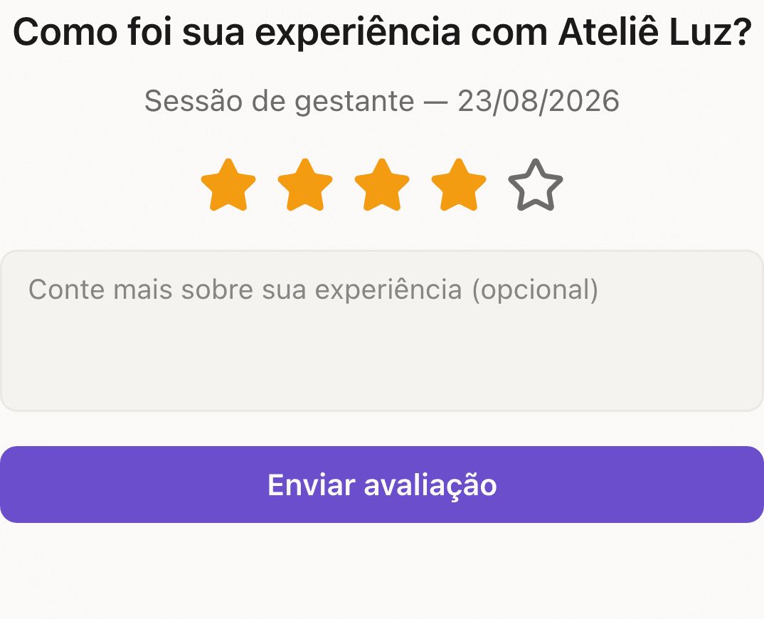A tela que o cliente abre pelo link para avaliar: “Como foi sua experiência com Ateliê Luz?”, cinco estrelas e um campo de comentário