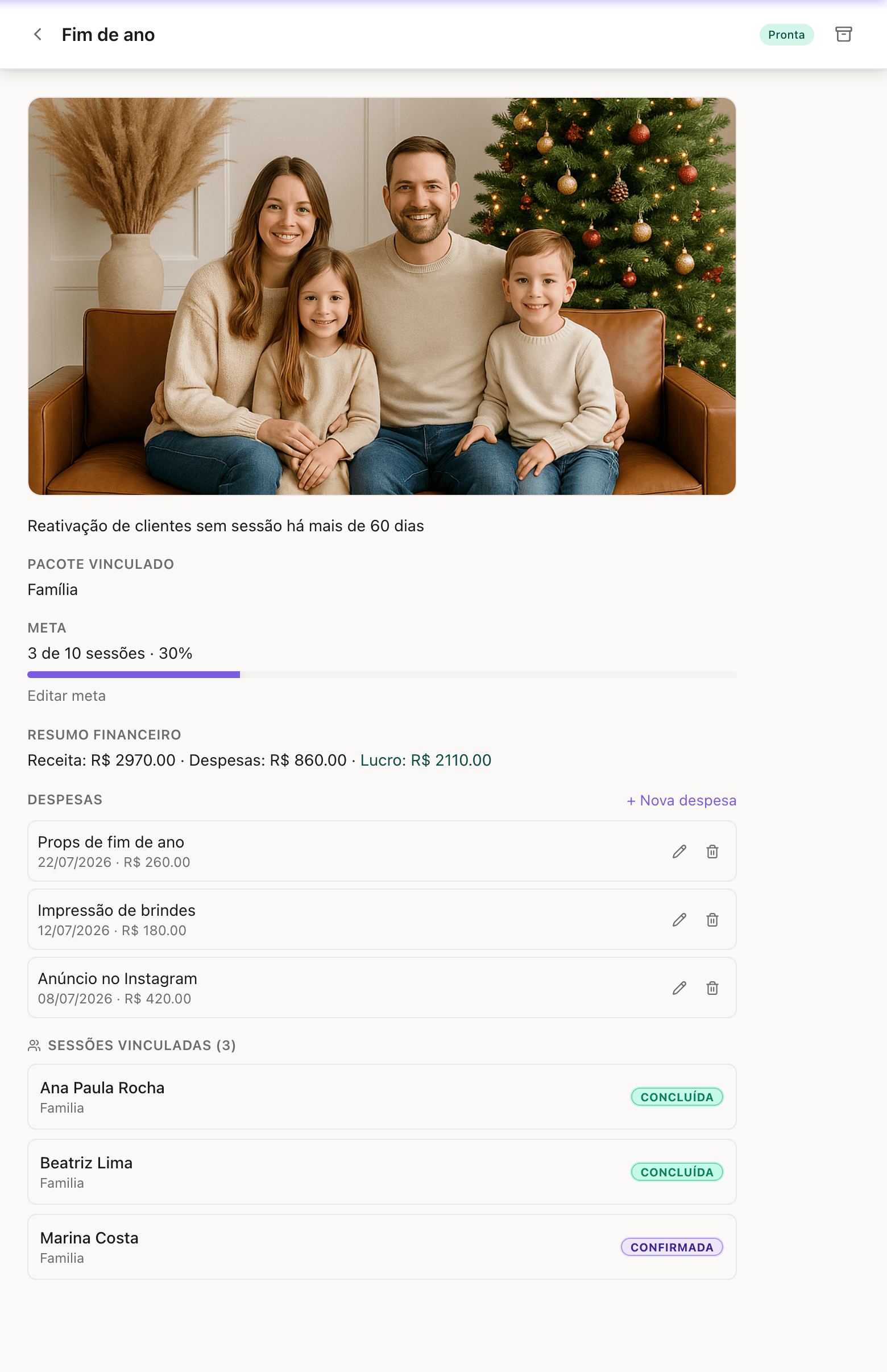Resultado de uma campanha na Lumina: meta, receita, despesas, lucro e as sessões que ela gerou
