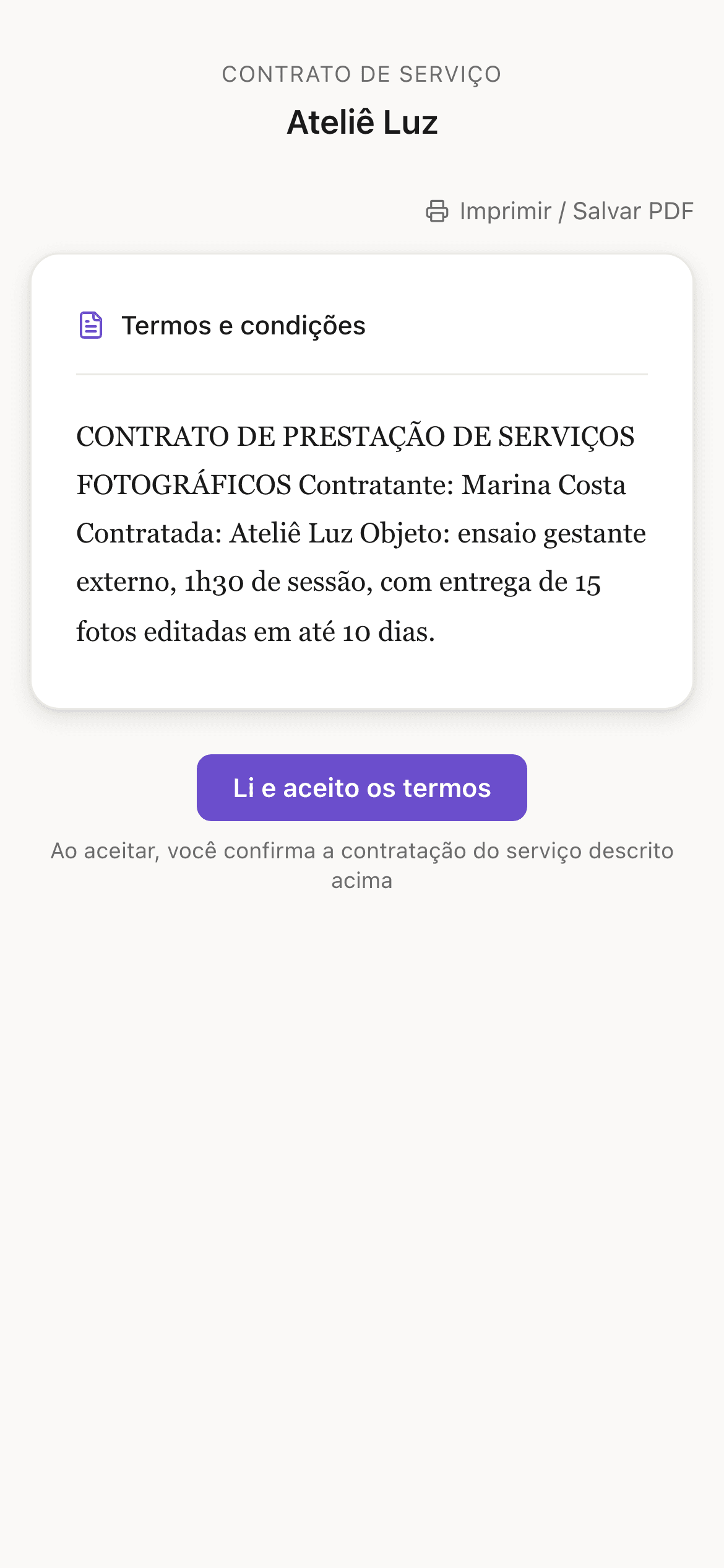 Contrato aberto pelo link mágico na tela do celular do cliente