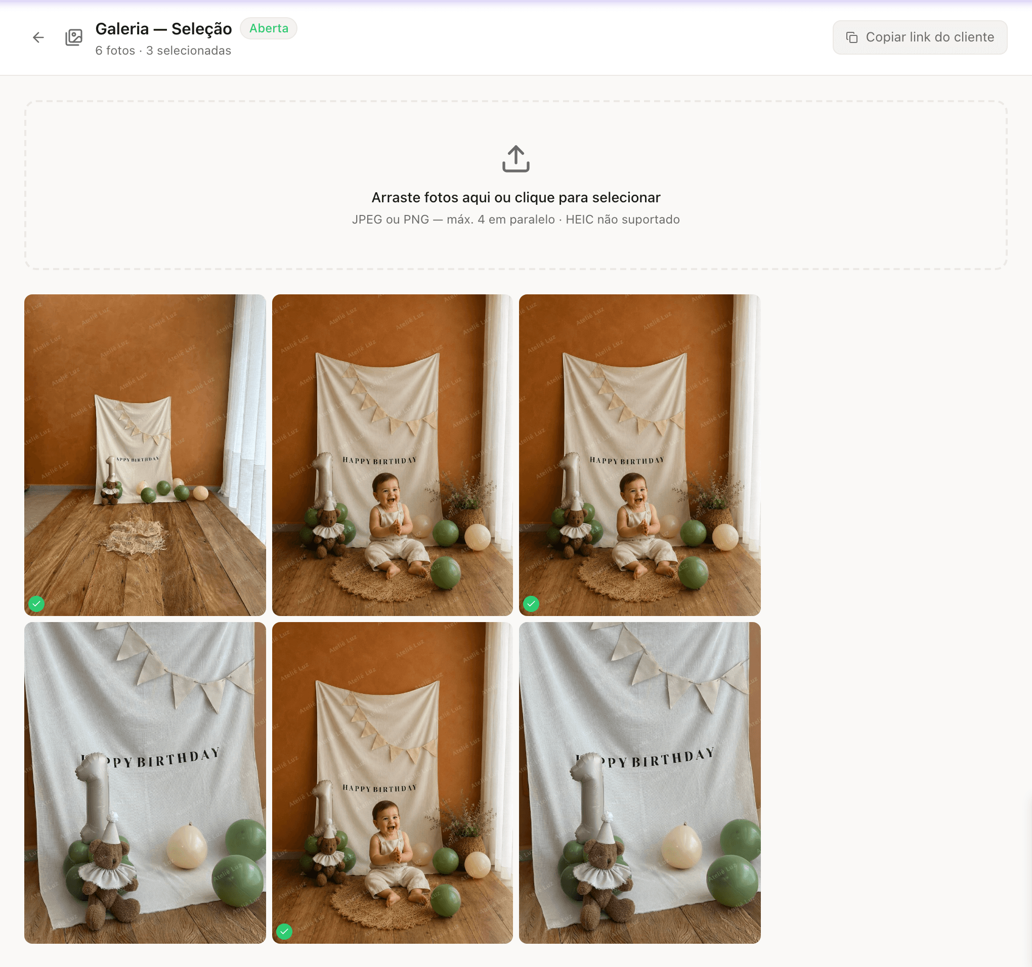 A mesma galeria vista pelo fotógrafo na Lumina: status Aberta, contagem de fotos e selecionadas, botão de copiar o link do cliente e marca verde nas escolhidas