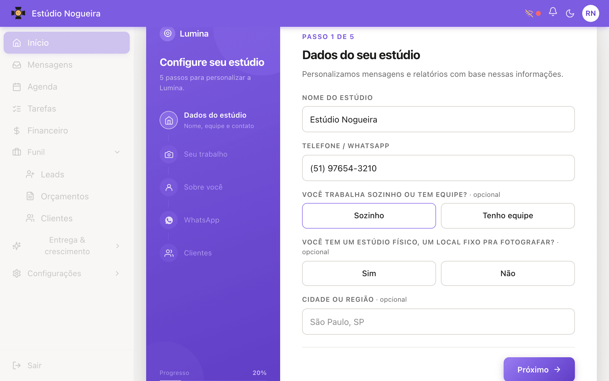 Assistente de configuração inicial da Lumina, no passo 1 de 4