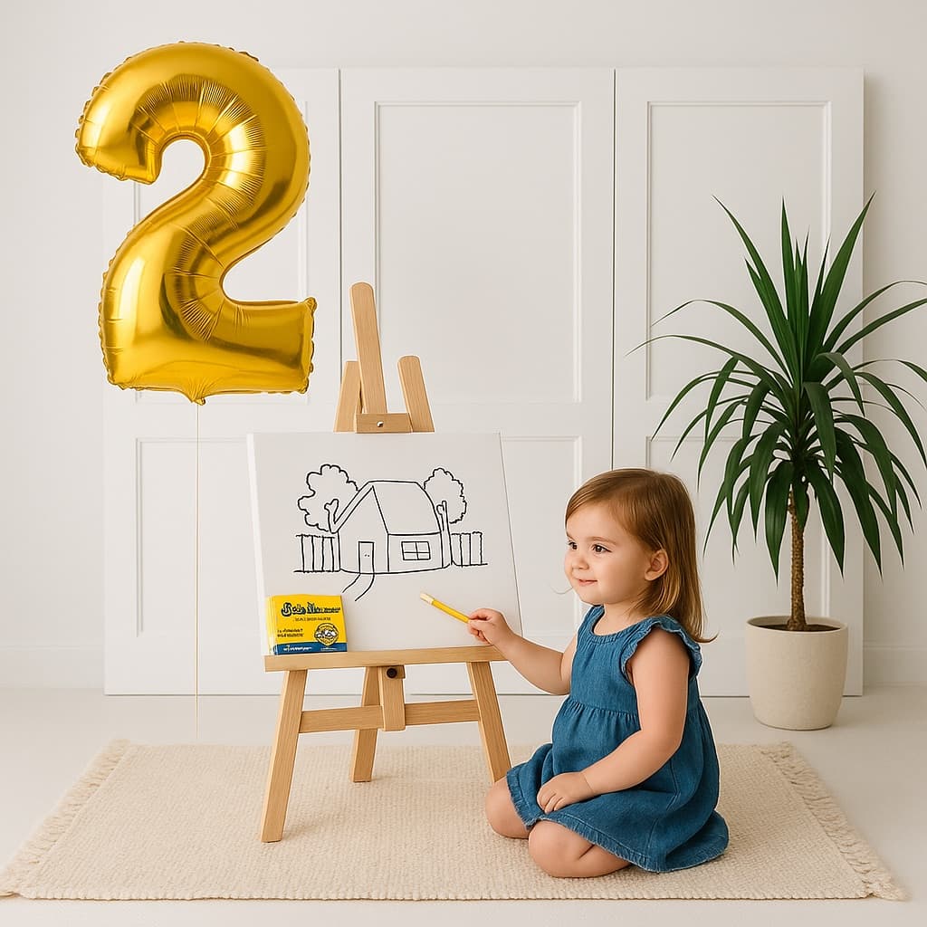 Cena de ensaio infantil gerada pela Lumina, com o painel de fundo branco e o cavalete que existem no acervo do estúdio