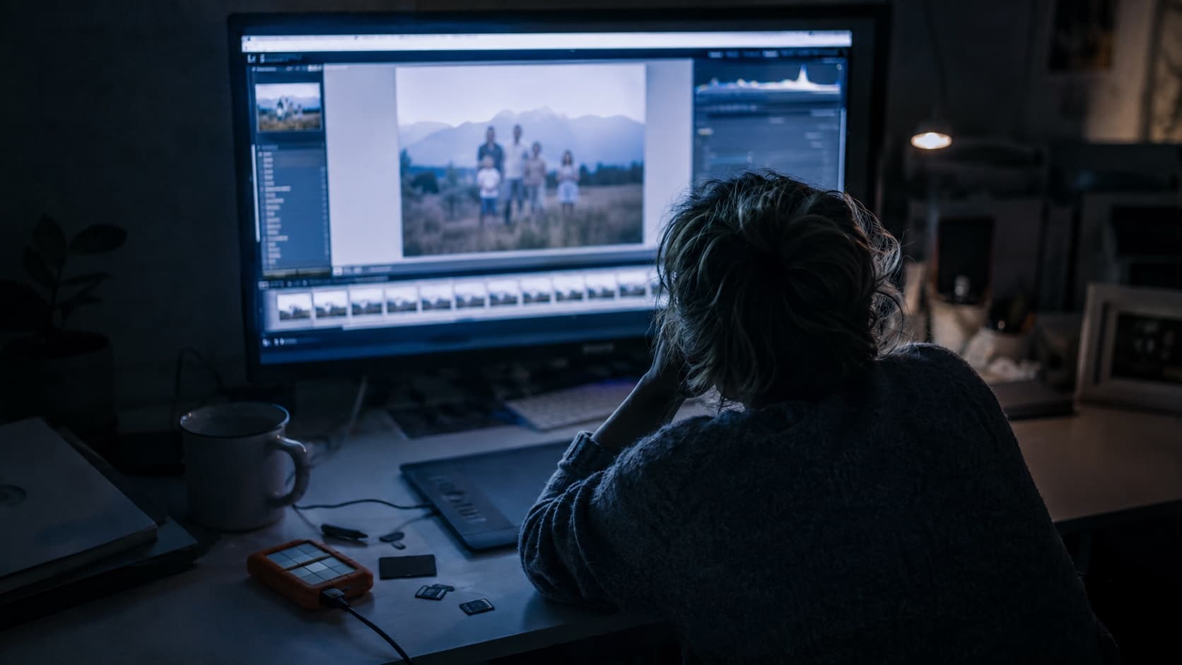Fotógrafa de costas, à noite, apoiando a cabeça na mão diante do monitor de edição — a única luz do quarto vem da tela